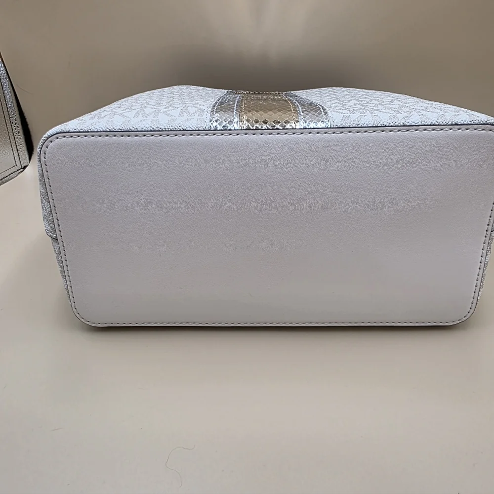Michael Kors Cream MK Monogram Medium Pratt with Gold & Silver Center Stripe - Picture 3 of 4